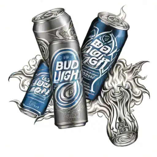Bud Light Can*: A small, detailed design of a 2004-2006 Bud Light can, possibly with a subtle flame or fire element surr tattoo design idea
