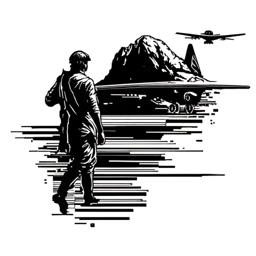 Blackwork chest piece, walking figure on horizon line, travel arcs, small plane, barcode elements. tattoo design idea