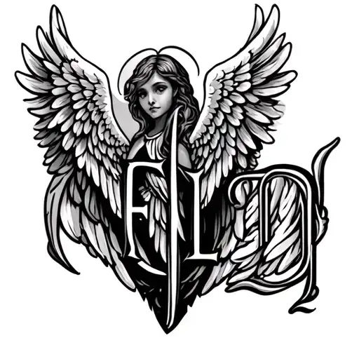 some angel wings with an aurelia and the initials FL, simple without much detail tattoo design idea