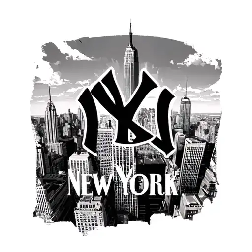 new york city skyline with the yankee symbol intertwined with big New York words like the New Yorker in the sky  tattoo design idea