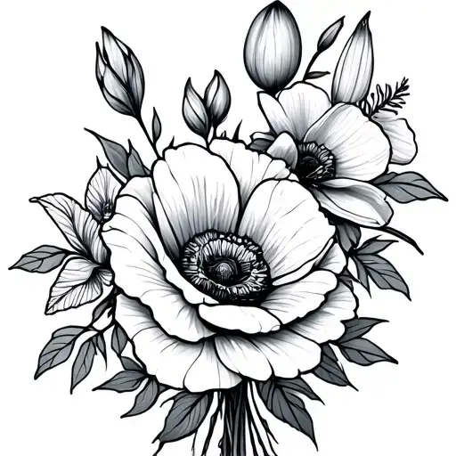 small fine line flower bouquet with a rose, poppy, magnolia, and gladiolus  tattoo design idea