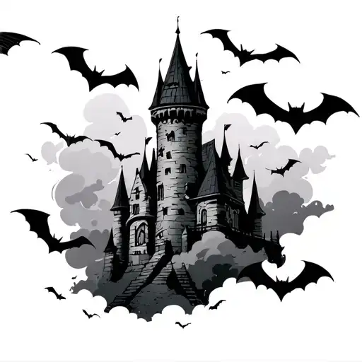 castle tower dark clouds bats flying tattoo design idea