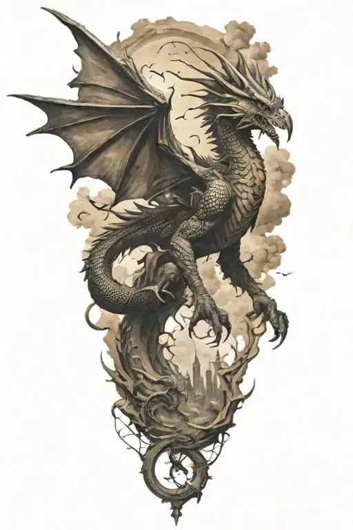 A fierce dragon battling a bird of prey in a post-apocalyptic landscape tattoo design idea