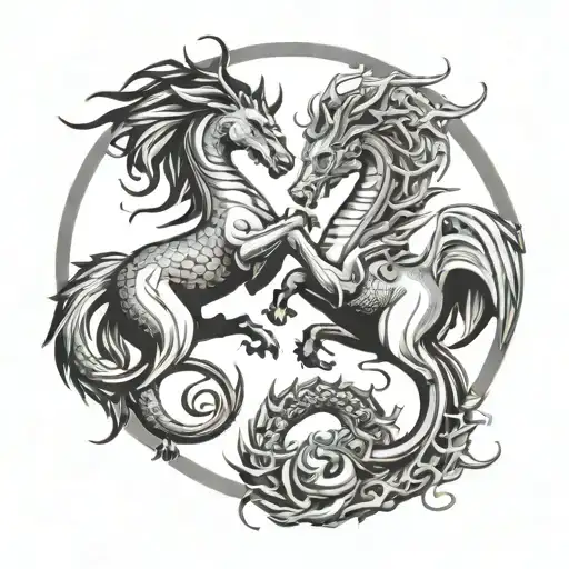 black unicorn and white dragon fighting in ying yang style tattoo design idea