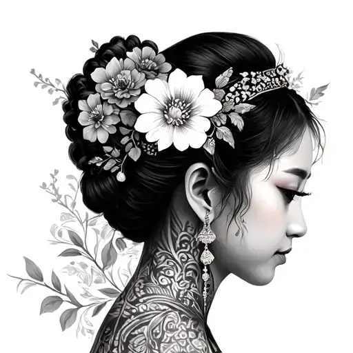 side profile of a beautiful hmong woman with florals tattoo design idea