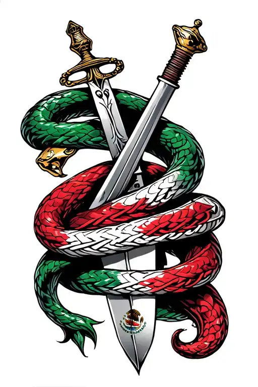 Back tattoo: sword with Mexican flag snake wrapped around it to symbolize strength and healing and resilience  tattoo design idea