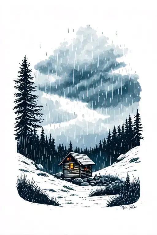 hygge painting of ladscape with thunderstorm and heavy rain with trees and woodcabin tattoo design idea