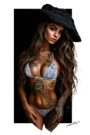 Sexy girl, petite, small boobs, wide hips, bikini . long hair,sexual. Seductive. Full Body, standing with legs and feet tattoo design idea