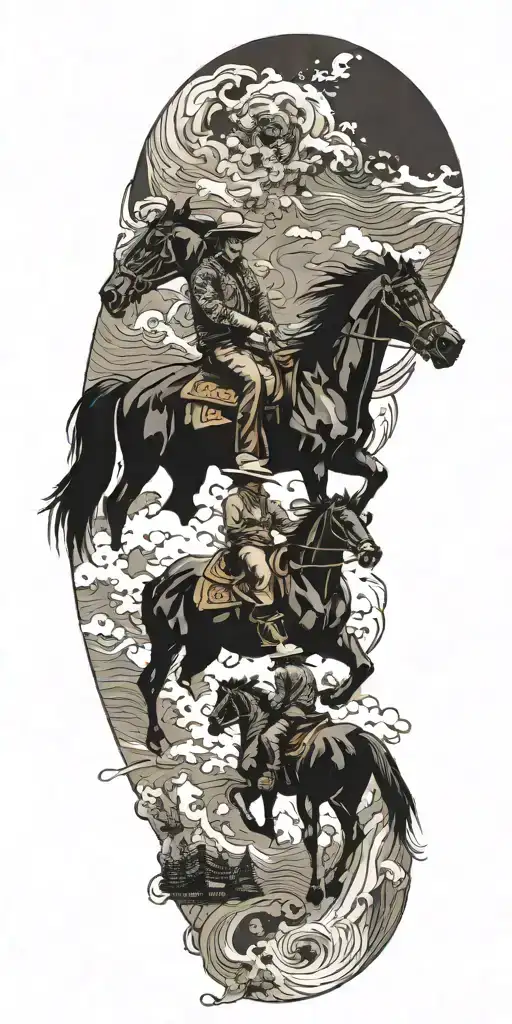  a cowboy, a black horse, and the world map with the continents in the background tattoo design idea