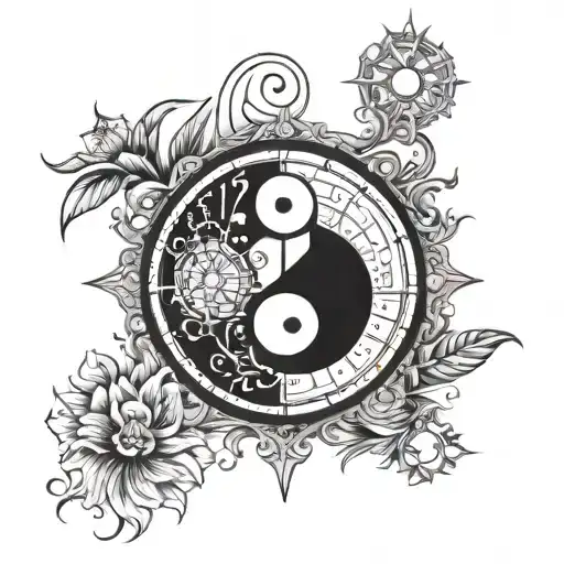 number 14 in compass with yin yang   tattoo design idea