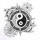 number 14 in compass with yin yang   tattoo design idea