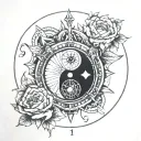 number 14 in compass with yin yang   tattoo design idea