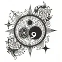 number 14 in compass with yin yang   tattoo design idea