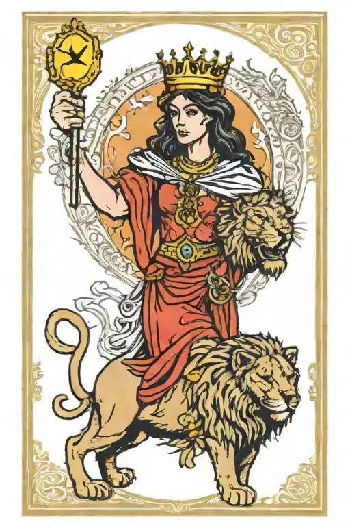 strength tarot card featuring girl and lion wearing a crown tattoo design idea