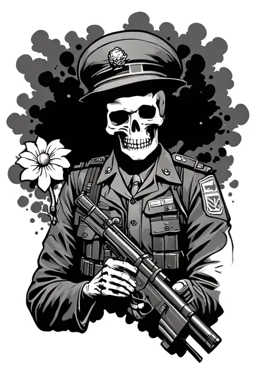tactical skeleton in a military uniform with a flower in his hands on the background of an explosion tattoo design idea
