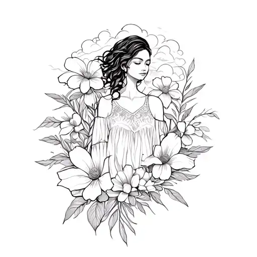 A Medium sized tattoo with a nature theme, a black woman in the center of flowers or a cloud, it should be more neo-trad tattoo design idea