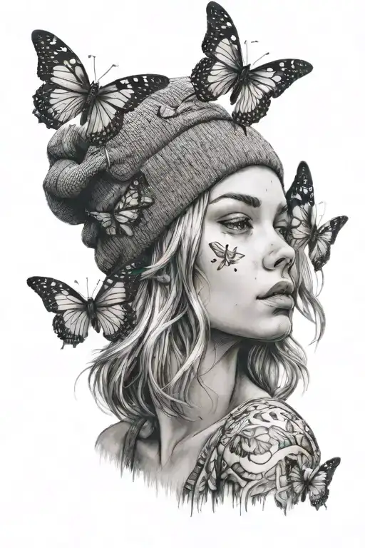 girl looking forward wearing beanie with butterfly tattoo design idea