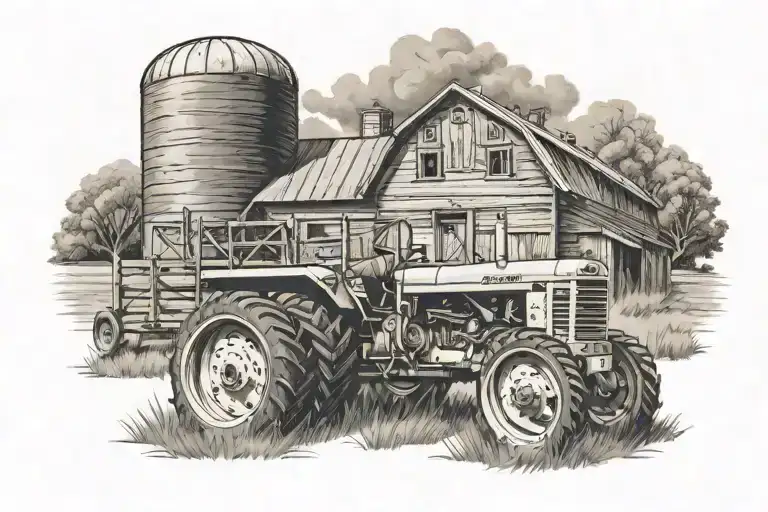 tractor with barn and feilds tattoo design idea