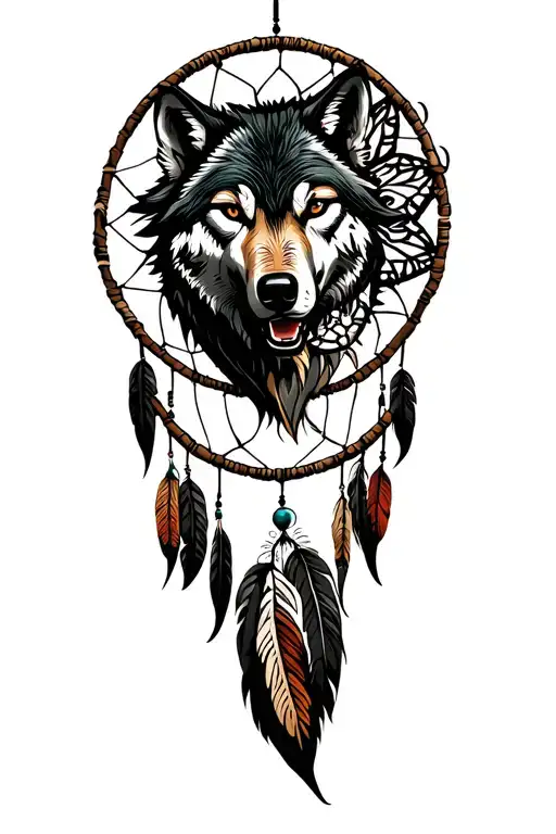 dreamcatcher intertwined with maori design featuring a wolf on the right hand side tattoo design idea