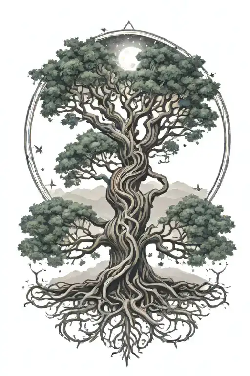 A tattoo of Yggdrasil, the World Tree, with its branches reaching into the universe and stars shining through its leaves tattoo design idea