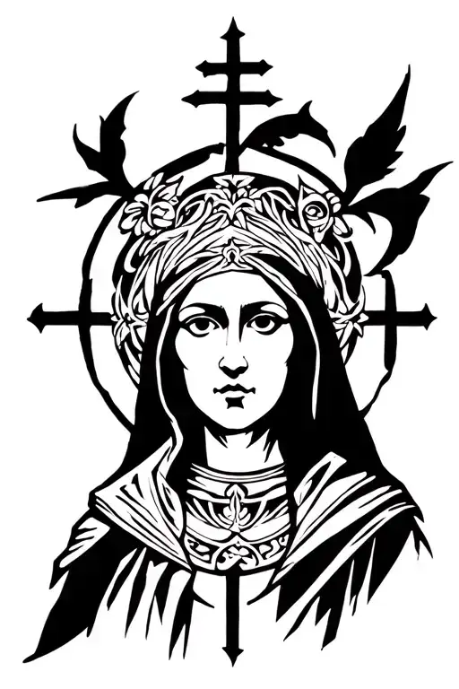 Saint Alessia from Elder Scrolls as a holy figure in church mural art, iconic pose  tattoo design idea