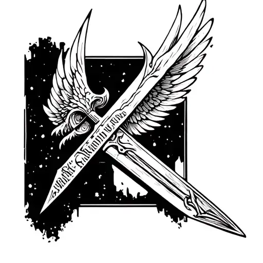 A medium-thick sword with wings coming out of it, and a place for an inscription under the sword tattoo design idea