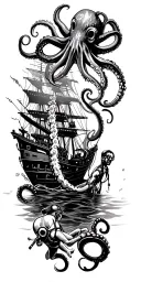 underwater scuba diver scene with shipwreck and an octopus overhead tattoo design idea