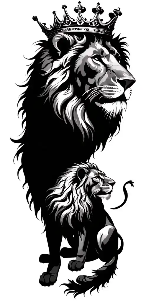 family, crown, lion, shadows, compas tattoo design idea