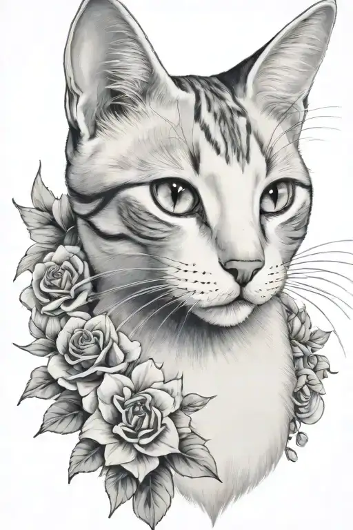 white and grey cat, flower embellishments, witchy, delicate, realistic portrait, clear head and face  tattoo design idea