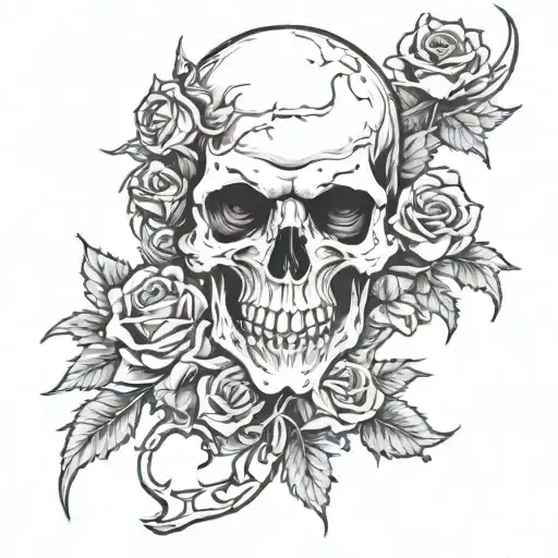 gothic reaper skull thorns and roses tattoo design idea