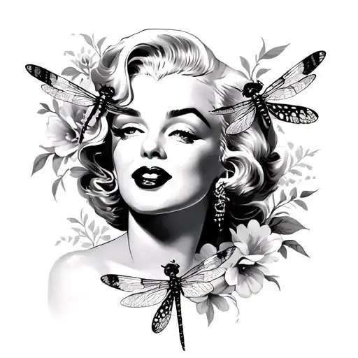 marilyn monroe outline and dragon flies and flowers tattoo design idea