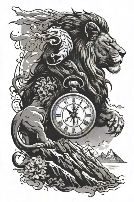 night sky in mountains   with lion and clock face and compass tattoo design idea