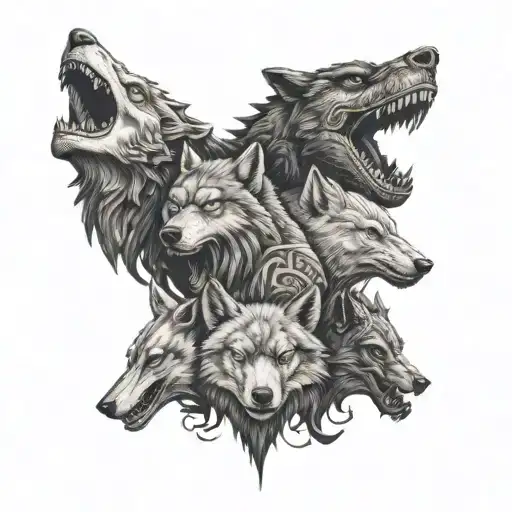 A evil realistic totem pole with the heads of a WOLF, DRAGON, BEAR, SHARK  together like family tattoo design idea