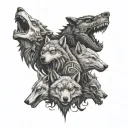 A evil realistic totem pole with the heads of a WOLF, DRAGON, BEAR, SHARK  together like family tattoo design idea