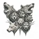 A evil realistic totem pole with the heads of a WOLF, DRAGON, BEAR, SHARK  together like family tattoo design idea