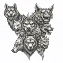 A evil realistic totem pole with the heads of a WOLF, DRAGON, BEAR, SHARK  together like family tattoo design idea