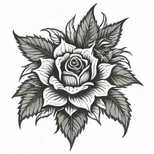 Cannabis bud with roses growing around it and weed leafs wrapping behind  tattoo design idea