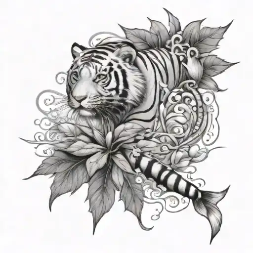 half arm sleeve tattoo the following: acacia tree, tiger, koi, polynesianhalf side of maple leaf, and a half side of sun tattoo design idea