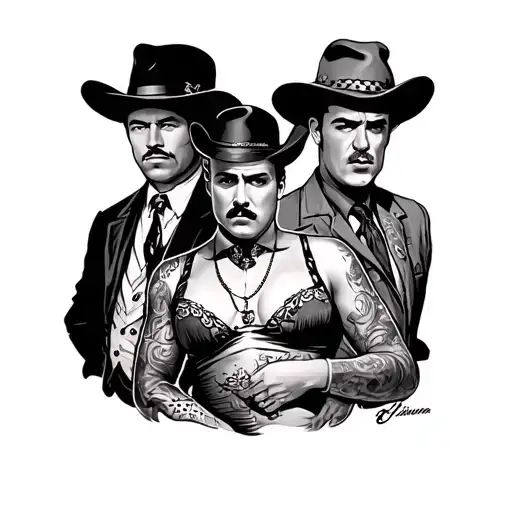 On a man’s chest , Jesse James, Billy the kid/Bonnie & Clyde then Al Capone (center) , El choppo/big meech /pablo tattoo design idea
