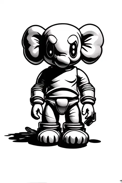 Tattoo Style:	•	Black-and-white	•	KAWS-style figures (bold outlines, expressive poses, “X” eyes)Main Elements:	1.	T tattoo design idea