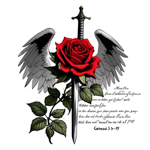 A small red rose, with Micheal angle kneeing above with a sword with Genesis 3:17-19  written in scripture tattoo design idea