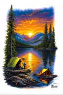 dinasours, sports, fishing, camping, bold colors sunset over lake tattoo design idea