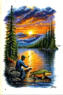 dinasours, sports, fishing, camping, bold colors sunset over lake tattoo design idea