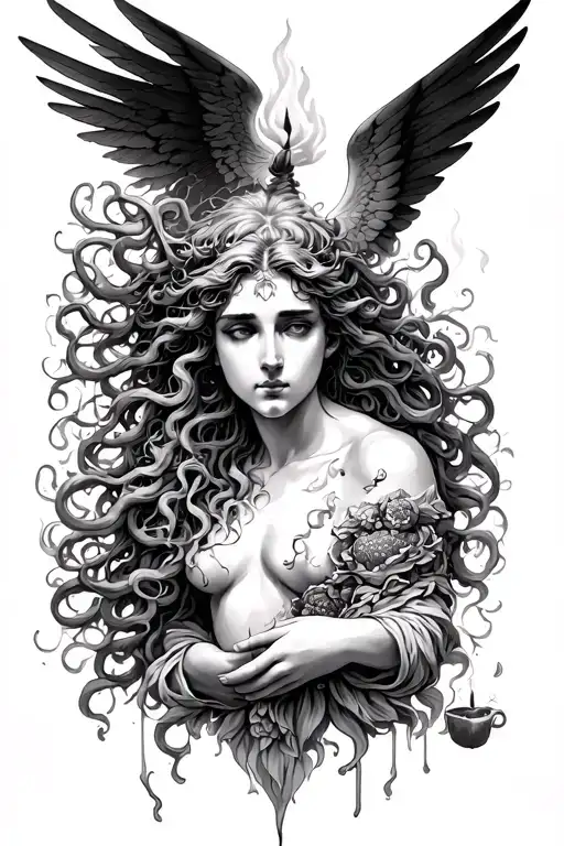 Icarus falling, Medusa, Persephone's pomegranate, Prometheus's fire, Ariadne's thread, Pandora's box, and Psyche's candl tattoo design idea