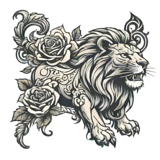 lion Viking roses growing tattoo design idea