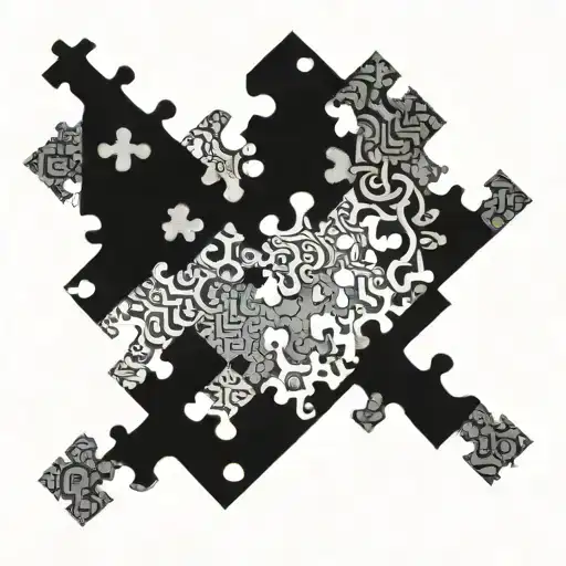 13 Puzzle pieces with one in the middle larger than the others. None are put together yet. tattoo design idea