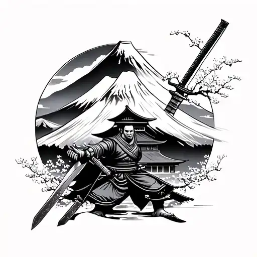 Samurai with sword in the background mount Fuji with temple and cherry blossoms tattoo design idea