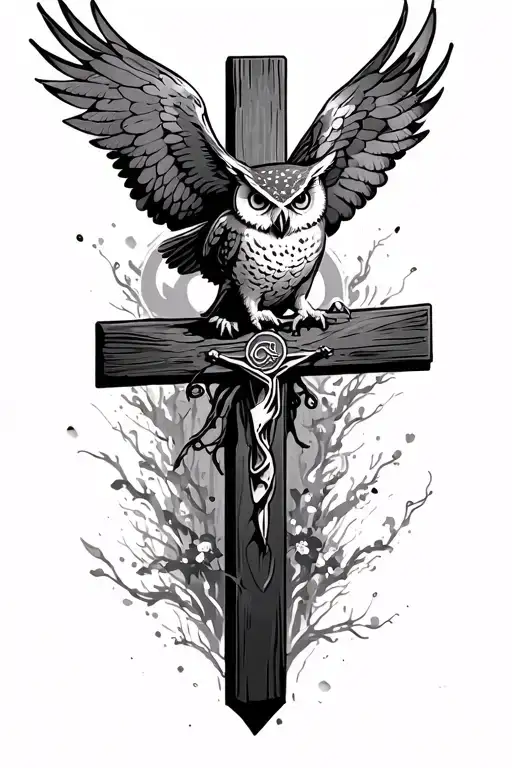 owl flying over a cross with wings and RIP tattoo design idea
