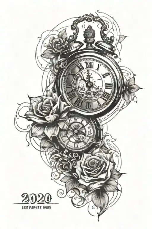 sketch of a tattoo of a clock with hands indicating the time 11:45 and the date 03/07/2020 against the background of the sunrise tattoo design idea