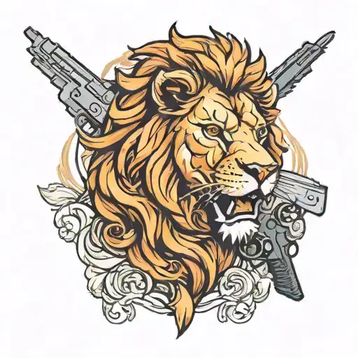 A lion with a pistol on fire tattoo design idea